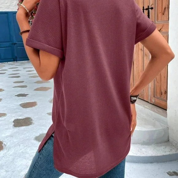 Redwood Casual Womens Waffle Knit Split Hem Dolman Sleeve Tee - Picture 2 of 4